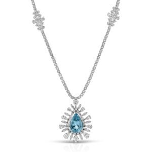Pear Shape Aquamarine and Mix Cut Diamond Drop Necklace/Brooch