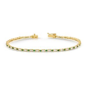 Round Cut Green Emerald and Baguette Cut Diamond Tennis Bracelet